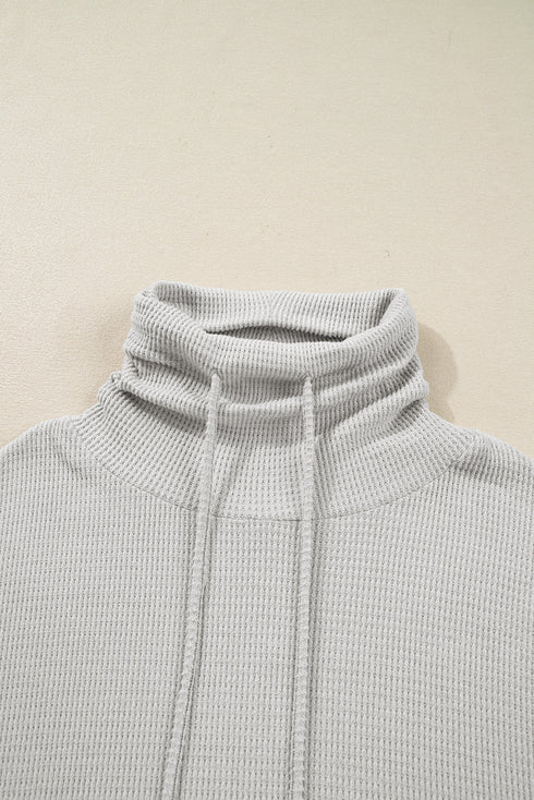 Textured Knit Drawstring Cowl Neck Oversize Slit Hem Top